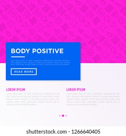 Body positive concept with thin line icons: woman plus size, yoga, bikini, armpit hair, legs hair, mirror, disability. Stickers with quotes. Vector illustration, print media template.