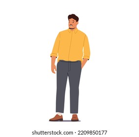Body Positive Concept. Trendy Plus Size Man Stand With Hand In Pocket, Male Character Love And Accept His Body, Fashion For Curvy People Isolated On White Background. Cartoon Vector Illustration