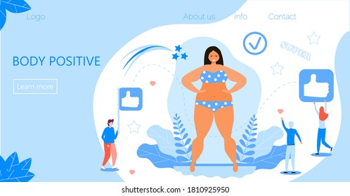Body positive concept vector. Happy plus size girl wearing swimsuit and smiling. Active healthy lifestyle illustration for landing page. People admire beautiful fat woman.