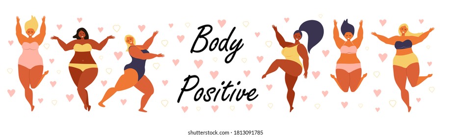 Body positive concept vector. Happy plus size girl wearing swimsuit and smiling. Active healthy lifestyle and love your body illustration. Different races and colour skin women are laughing. 