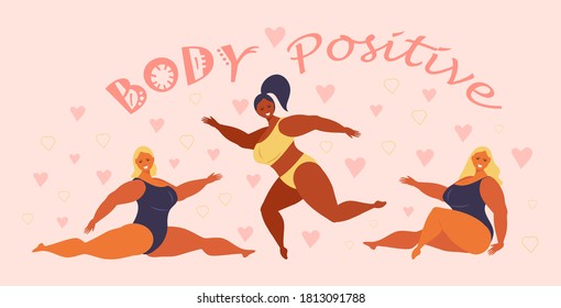Body positive concept vector. Happy plus size girl wearing swimsuit and smiling. Active healthy lifestyle and love your body illustration. Different races and colour skin women are laughing. 