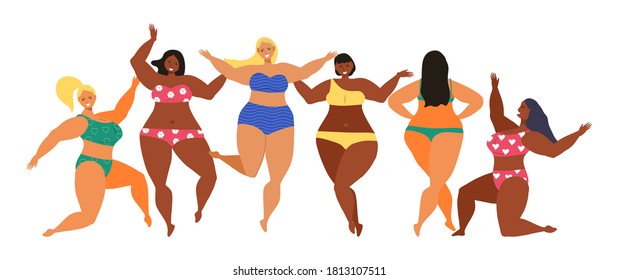 Body positive concept vector. Happy plus size girl wearing swimsuit and smiling. Active healthy lifestyle and love your body illustration. Different races and colour skin women are laughing. 