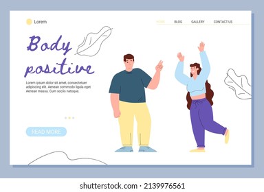 Body positive concept for website or landing page with cheerful plump chubby people, cartoon flat vector illustration. Body positivity and self care web banner.