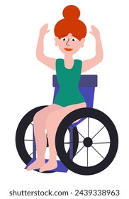 Body positive concept. Woman with Disability on wheelchair. Happy redhead Girl in swimsuit. Cartoon flat vector illustration.