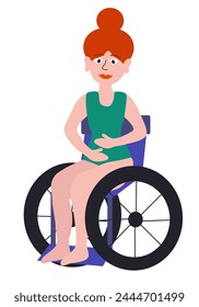 Body positive concept. Woman with Disability on wheelchair. Happy redhead Girl in swimsuit. Cartoon flat vector illustration.	