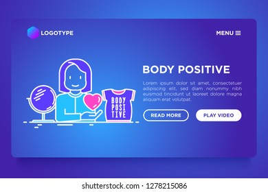 Body positive concept: woman plus size loves herself. Vector illustration, web page template on gradient background.