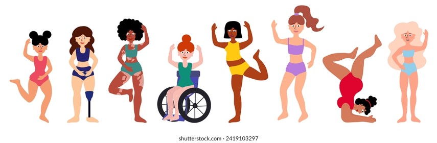 Concepto positivo corporal. Mujeres de diferentes edades, colores de piel, grupos étnicos, tipos de cuerpo. Discapacidad, vitiligo, prótesis. Chicas en traje de baño unidas. Dibujo vectorial plano de dibujos animados.