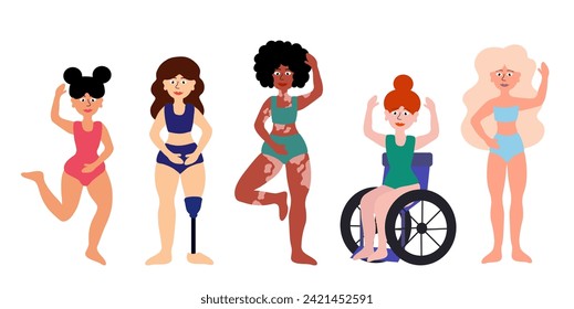 Concepto positivo corporal. Mujeres de diferentes edades, colores de piel, grupos étnicos, tipos de cuerpo. Discapacidad, vitiligo, prótesis. Chicas en traje de baño unidas. Dibujo vectorial plano de dibujos animados.