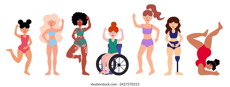 Body positive concept. Women of different ages, skin colors, ethnic groups, body types. Disability, vitiligo, prosthesis. Girls in swimsuits standing together. Cartoon flat vector illustration.