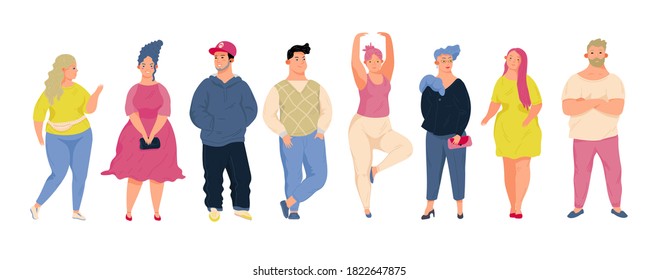 Body positive creative concept. Collection plus size, curvy people. Hand draw vector illustration in trendy style.