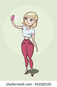Body positive cute cartoon woman take selfie. Cav be used as a t-shirt print or woman brand logo. Easy to edit and recolor. 