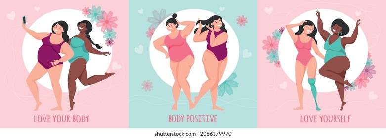 Body positive design concept with square compositions of female plus size characters with ornate text captions vector illustration