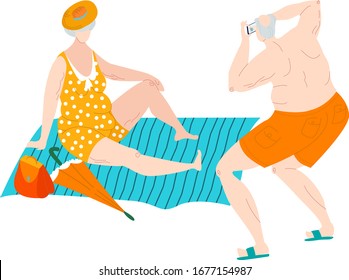 Körperpositive fettarme Mann und Frau in Badeanzügen am Meeresstrand machen Bilder plus großformatige, kaukasische Leute flache Vektorillustration Illustration. Körperpositive Lebensweise alte Menschen mit Übergewicht.