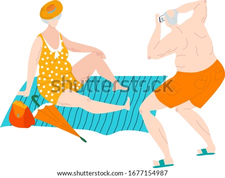 Body positive fat eldery man and woman in swimsuits at sea beach make pictures plus size caucasian people flat vector illustration. Body positive lifestyle old people with overweight.