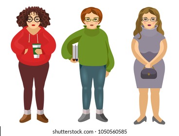 Body positive fat girls with lush bodies.  Girls plus size in various ordinary costumes. Girl with coffee, girl with books, girl with handbag.  Set of vector cartoon characters