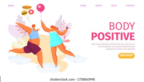 Body positive fat man woman banner, vector illustration. Cartoon overweight couple character happy lifestyle. Attractive flat adult people plus size like their figure and beauty, template.