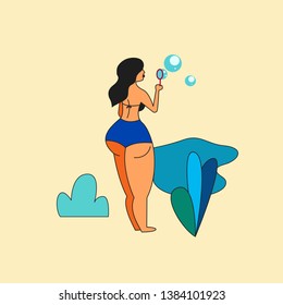 Body positive, fat woman blowing bubbles on beach. Vector flat illustration