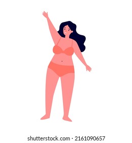 Body positive female character in bikini waving by hands flat vector illustration. Happy plus size girls in swimsuits with different figures