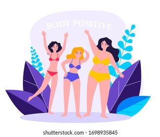 Body positive female characters in bikini waving by hands flat vector illustration. Happy plus size girls in swimsuits with different figures. Beauty and active healthy lifestyle concept