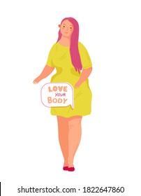Body positive female consept. Smilling plus size, chubby,curvy woman. Body positive slogan.Hand draw vector illustration in trendy style.Vector icon.