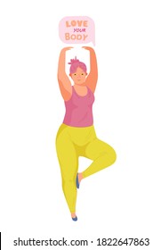 Body positive female consept. Smilling plus size, chubby,curvy woman. Body positive slogan.Hand draw vector illustration in trendy style.Vector icon