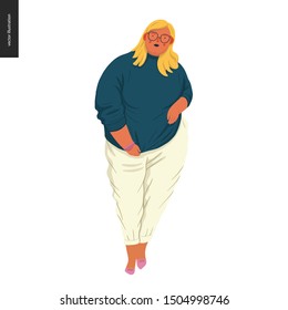 Body positive female portrait - hand drawn flat style vector design concept illustration of a plus size woman, full figure. Flat style vector icon