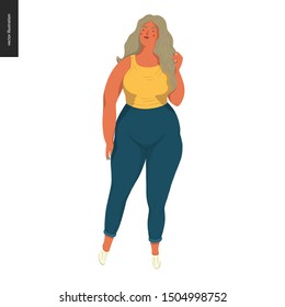 Retrato femenino cuerpo positivo - dibujo a mano de diseño de vectores de estilo plano ilustración de una mujer más grande, figura completa. Icono de vector de estilo plano