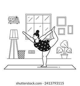 Body positive female practicing yoga at home. Plus size girl doing fitness exercises on yoga mat in living room with window and plants. Indoor sports for women healthy lifestyle line art concept.