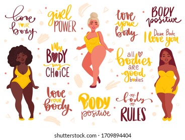 Body positive, feminism sticker collection. Love your body, girl power, my body my rules - activists slogan. Woman Motivational phrase, inscription or saying. Plus size multiracial women.