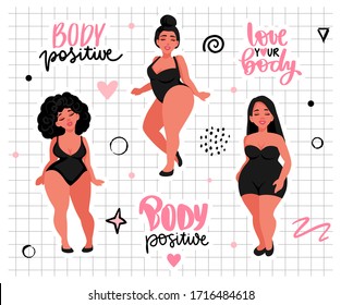 Body positive, feminism sticker collection. Love your body Activists slogan, Woman Motivational phrase, inscription or saying. Plus size multiracial women in swimsuit.