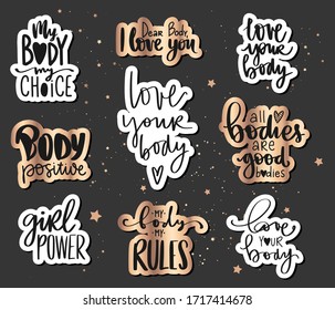 Body positive, feminism sticker golden sparkle collection isolated on white background. Activists slogan, sayings . Motivational quotes for t-shirt print, badges, posters.