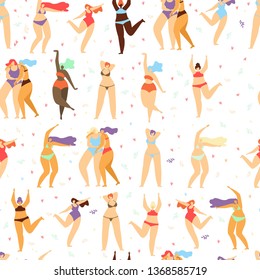 Body Positive Feminist Seamless Pattern Motivate Design Love Figure Hearts Decorated Texture Happy Women Dancing Having Fun Posing in Swimsuits Female Freedom Girl Power Template Vector Illustration