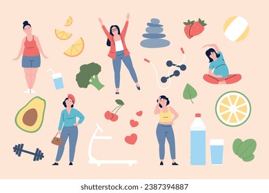 Body positive flat concept with curvy female characters and sport equipment and fresh food. Happy plus size women training, recent vector scene