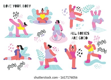 Body positive flat set of doodle female and male characters editable text and sketch style shapes vector illustration