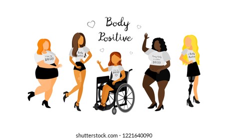 Body positive. Flat vector female cartoon characters. Beauty diversity. Disabilities. Woman with wheelchair, blonde girl with prosthetic leg, happy plus size girls and  girl with naevus.