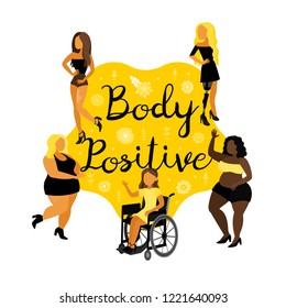 Body positive. Flat vector female cartoon characters. Beauty diversity. Disabilities. Woman with wheelchair, blonde girl with prosthetic leg, happy plus size girls and  girl with naevus.