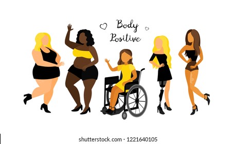 Body positive. Flat vector female cartoon characters. Beauty diversity. Disabilities. Woman with wheelchair, blonde girl with prosthetic leg, happy plus size girls and  girl with naevus.