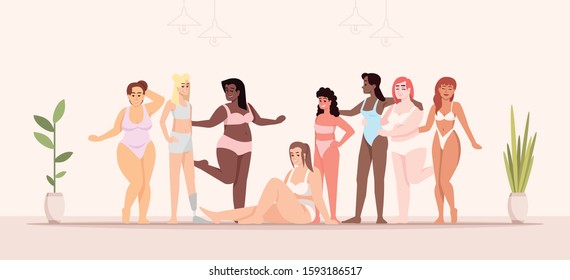 Body positive flat vector illustration. Struggle for equality and feminism. Indoor interior. Smiling ladies of different nationalities. Pot flowers. Women dressed in swimsuits cartoon characters