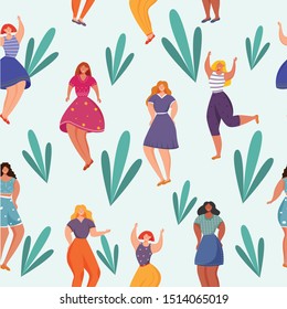 Body positive flat vector seamless pattern. Blue background with multicultural women texture. Feminism movement. Struggle for equality. Smiling overweight girls. Wrapping paper with characters