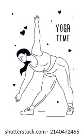 Body positive girl doing yoga. Woman who leads healthy lifestyle. Beautiful plus size girl in yoga pose. Overweight lady training cardio. Weight loss. Concept meditation and relax. Vector illustration