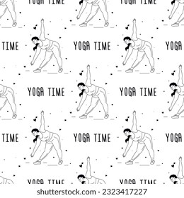 Body positive girl doing yoga, seamless pattern. Woman who leads healthy lifestyle. Texture with beautiful plus size girl in yoga pose. Weight loss. Concept meditation and relax. vector illustration