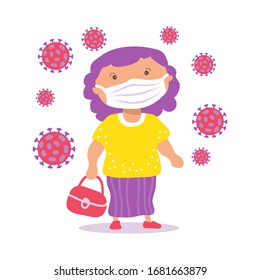 Body positive girl with face mask. COVID-19 conceptual vector illustration. Protection from coronavirus or respiratory virus. Prevent infection respiratory tract.