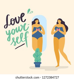 Body positive girl with healthy lifestyle looks in the mirror. Attractive and fun plus size woman. Vector illustration can use for print, site, landing page or banner.