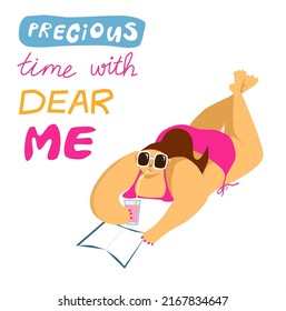 Body positive girl in a pink bikini sunbathing, reading a book and drinking cold drink with ice cubes with the straw from the glass. Sign: Precious time with dear me. Vector