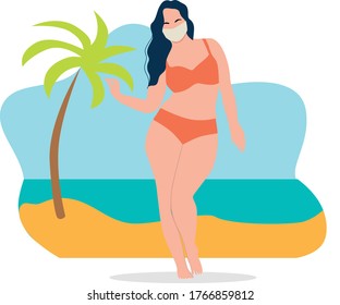 Body positive girl relaxing on the beach in the face mask. Covid 2019 vacation on the beach.