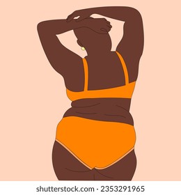 Body positive girl in underwear bald back view