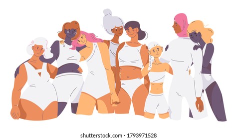 Body Positive Girls Of Different Nationalities. Smiling Women Hugging Each Other In White Swimsuits. Vector Concept Feminism Illustration