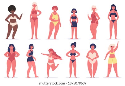 Body positive girls. group of Multiracial women with different figure type, size and height. Beauty diversity vector illustration set. Beauty and huge woman, overweight obese