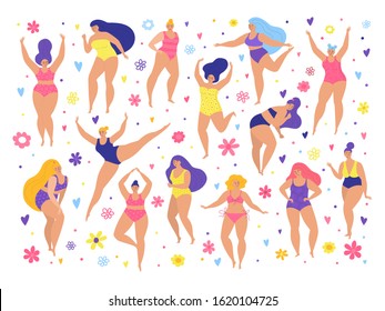 Body positive happy fat women in swimsuits set vector illustration. Beautiful girl plus size bodies overweight girls stand, dance, go, jump isolated collection flat style.Happy fat woman fly