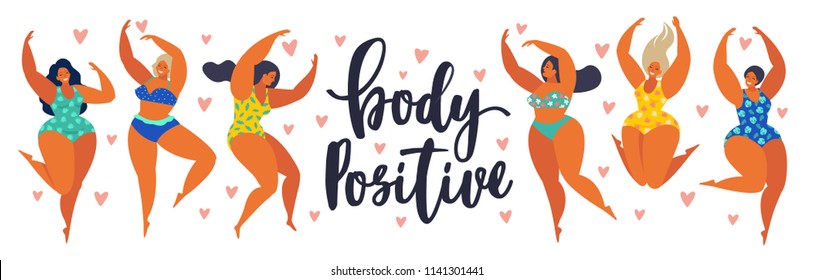 Body Positive. Happy Girls Are Dancing. Attractive Overweight Woman. Vector Illustration. 